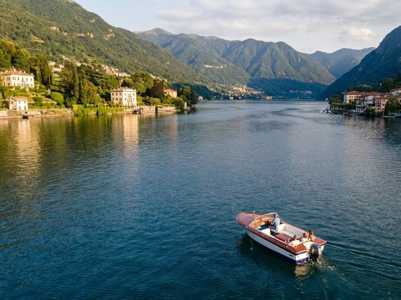 Classic wooden cruiser sailing near Cernobbio on Lake Como